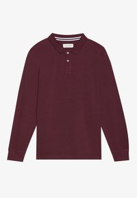 Långärmad polo-tröja i burgunder, med krage, treknappslå, ribbade ärmslut och diskreta randdetaljer på kragen.