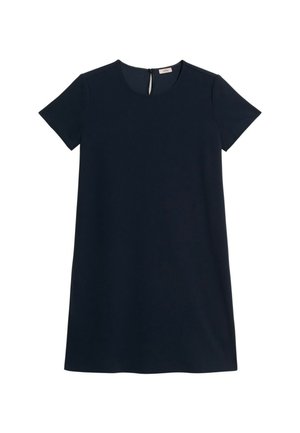 Abito blu navy a maniche corte con scollatura rotonda, apertura a chiave sul retro e una linea semplice e dritta. Tessuto con una texture liscia.
