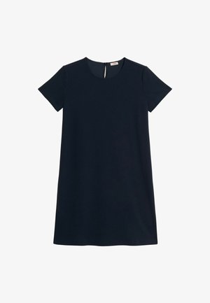 Laivansinis lyhythihainen mekko, jossa on pyöreä pääntie, avaus takana ja yksinkertainen, suora leikkaus. Tasainen kangas.