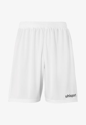 Weiße Sportshorts mit elastischem Bund, aus glattem Stoff gefertigt, mit einem schwarzen "uhlsport"-Logo auf der unteren linken Seite.