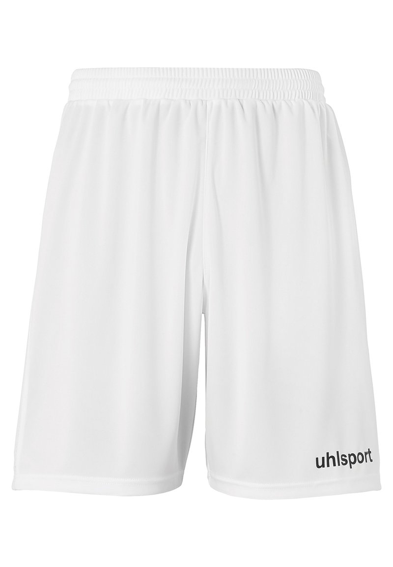 Witte sportieve shorts met een elastische tailleband, gemaakt van zachte stof, met een zwart "uhlsport" logo op de linkeronderkant.