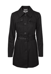 Černý trench coat s vypasovaným pasem a límcem, s knoflíkovým zapínáním, dlouhými rukávy a opaskem v pase. Hladká textilie.