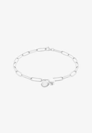 Silberarmband mit langen Gliedern, zwei Anhängern: einer glatten ovalen Form und einer runden Perle. Polierte Oberfläche mit sicherem Verschluss.