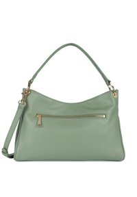 Lichtgroene leren handtas met een gebogen ontwerp, een handvat aan de bovenkant en een voorzak met rits met gouden hardwareaccenten.