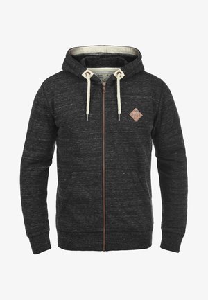 Hooded zip-up sweatshirt in dark gray, featuring a soft texture, white drawstrings, and a brown leather logo patch on the chest.