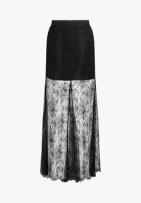 Czarna spódnica koronkowa z solidną górną częścią i przezroczystą koronkową dolną połową z kwiatowymi wzorami oraz rozcięciem z tyłu.