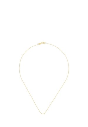 Collana sottile delicata in oro con chiusura a moschettone, esposta piatta su sfondo bianco.