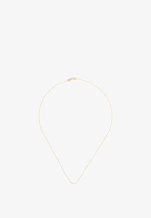 Collana sottile delicata in oro con chiusura a moschettone, esposta piatta su sfondo bianco.