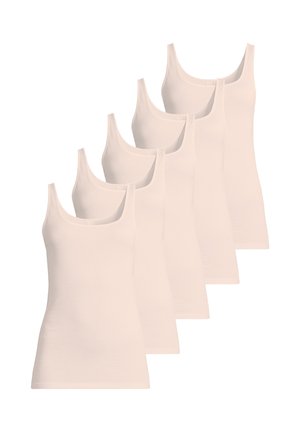 Cinq débardeurs beige sans manches disposés en rangée décalée sur fond blanc.