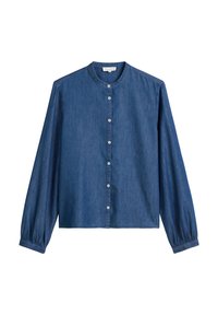 Dunkelblaue Denim-Bluse mit langen Puffärmeln, runder Ausschnitt und Frontschlaufenschluss mit weißen Knöpfen. Glatte Textur, schlichtes Design.