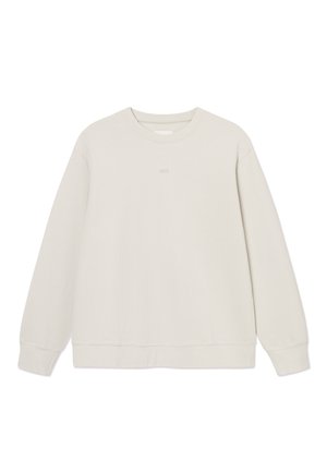 Dugih rukava, svijetlo bež majica s okruglim izrezom i rebrastim manžetama i rubom, prikazana na bijeloj pozadini.