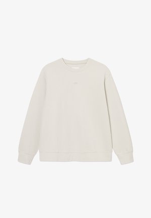 Long-sleeve, light beige crewneck sweatshirt with ribbed cuffs and hem, displayed on a white background.