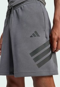 Šedé športové šortky vyrobené z mäkkej tkaniny, s elastickým pásom, bočnými vreckami a tmavým grafickým dizajnom na ľavom stehne.