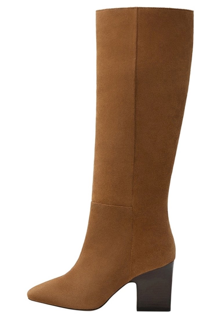 Botte haute jusqu'au genou en daim marron avec un bout pointu et un talon bloc. Surface lisse avec un design épuré et minimaliste. Aucune quincaillerie ou accent visible.