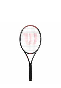 Tennis racket with a black frame, red accents, and a white grid pattern. Features a textured grip for handling. Logo prominently displayed.