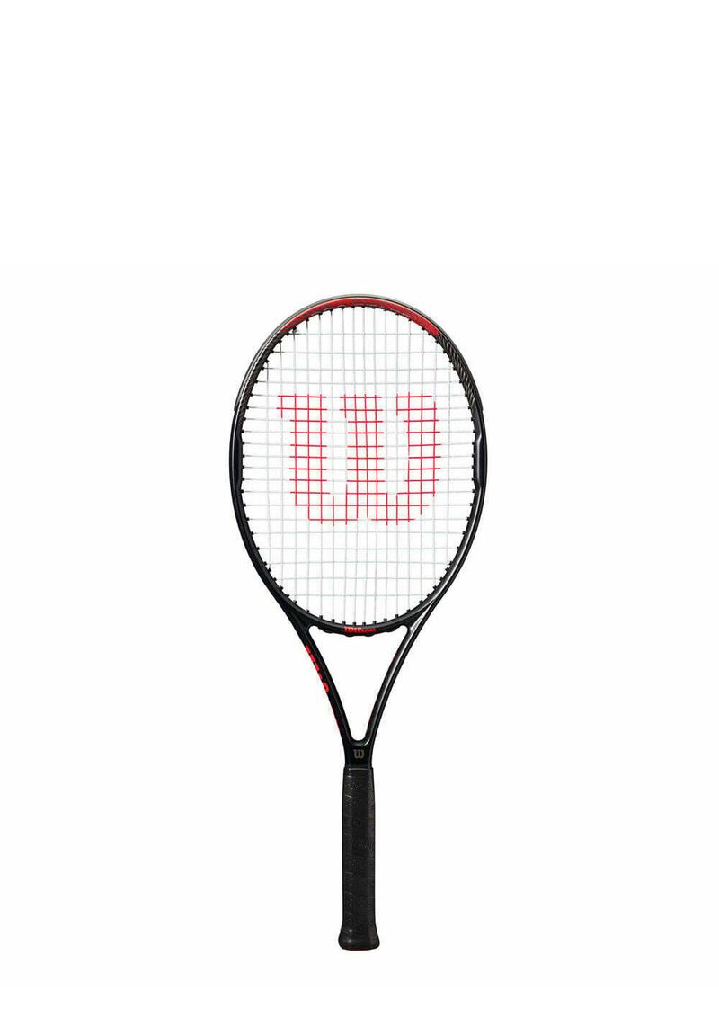 Tennis racket with a black frame, red accents, and a white grid pattern. Features a textured grip for handling. Logo prominently displayed.