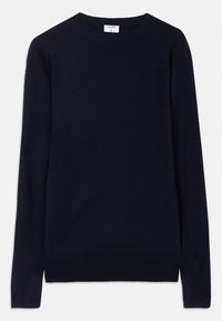 Navyblauwe crew-neck sweater van zacht materiaal, met lange mouwen en ribbeldetails bij de kraag en zoom. Schone, minimalistische design.