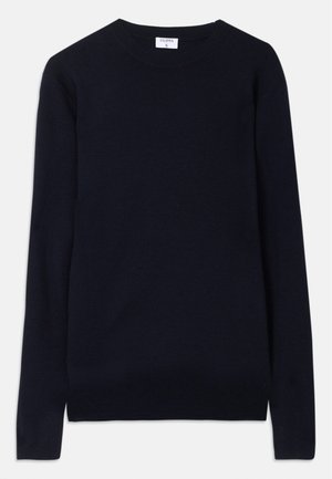 Navy blue crew-neck sweater made of soft fabric, featuring long sleeves and ribbed detailing at the collar and hem. Clean, minimalist design.