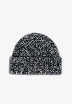 Gehaakte beanie in zwart en grijs, met een omgeslagen rand en een klein stoffen label. Textuur-garen biedt warmte en comfort.