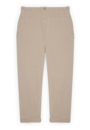 Beige bukser med lige ben, bæltestropper, forreste knap- og lynlås-lukning samt skrå sidelommer, lagt fladt mod hvid baggrund.