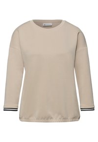 Beige langärmliges Sweatshirt mit Rundhalsausschnitt, leicht elastischem Saum und schwarz-weiß gestreiften Bündchen.