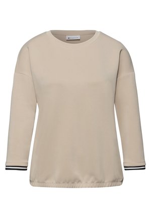 Beige sweatshirt met lange mouwen en ronde hals, licht elastische zoom en zwart-wit gestreepte manchetten.