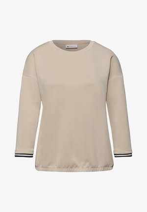 Beige langärmliges Sweatshirt mit Rundhalsausschnitt, leicht elastischem Saum und schwarz-weiß gestreiften Bündchen.