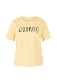 Yellow cotton t-shirt with short sleeves, featuring "COSMIC" in black and zebra-striped lettering and "LOVE" in a smaller font.