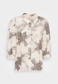 Blusa crema con motivo a pois marroni, design con colletto e maniche a tre quarti. Tessuto leggero con chiusura a bottoni frontale e polsini arrotolati.