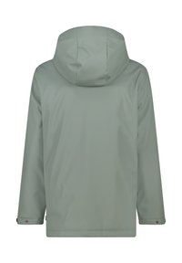 Light green waterproof jacket with a hood, featuring long sleeves and snap closures on the cuffs. Smooth, matte finish.