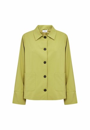 Giacca verde chiaro con bottoni, collo ampio, maniche lunghe, due tasche frontali e bottoni neri al centro.