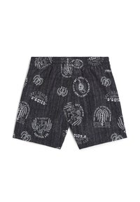 Pantaloni da bagno neri con tessuto texturizzato e stampe grafiche bianche, inclusi testo e design astratti, cintura elastica per il massimo comfort.