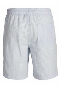 Šviesiai mėlyni languoti šortai su elastinga juosmena, tekstūruotas audinys ir viena užpakalinė kišenė. Ilgis: virš kelių.