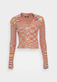 Multikleurige cropped cardi met een gestreept patroon, geribbeld textuur, lange mouwen en vijf knopen aan de voorkant.