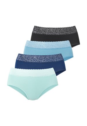 Four women's hipster underwear in black, light blue, navy, and mint green, each with a leopard lace waistband.