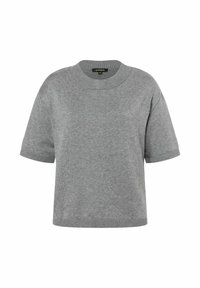 Grå kortærmet sweater med rund halsudskæring, lavet af blødt strikstof. Har ribbede manchetter og kant for en afslappet pasform.