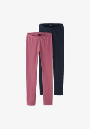 Deux paires de leggings à taille élastique : l'une rose, l'autre bleu marine foncé, toutes deux avec une texture lisse et un design moulant, avec des jambes droites et sans motifs.