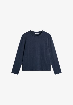 Chemise bleu marine à manches longues avec un col rond, coupe slim et texture chinée subtile, présentée sur un fond blanc.