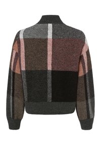 Pull court à carreaux gris et rose avec un col et des poignets côtelés, fabriqué en tissu tricoté doux, présentant un motif texturé.