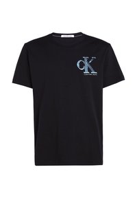 Černé bavlněné tričko s tištěným světle modrým logem "CK" a textem "Calvin Klein Jeans" na levé hrudi. Klasický design s kulatým výstřihem.