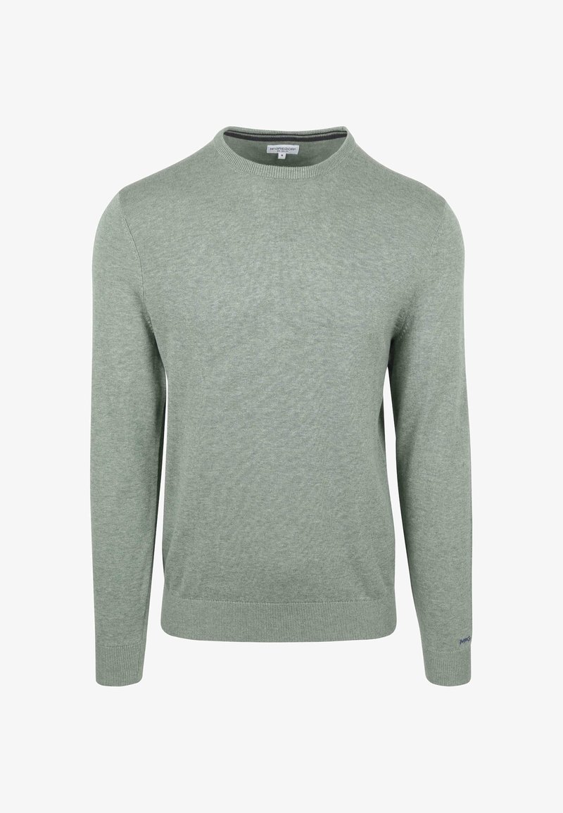 Grüner Baumwollstrickpullover mit Rundhalsausschnitt, langen Ärmeln und gerippten Bündchen. Glatte Textur und subtiler Melange-Effekt.