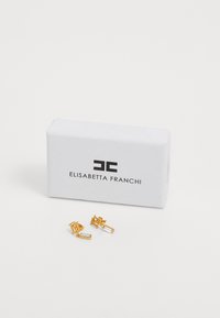 Kulta suorakulmainen roikkuvat korvakorit, joissa on kirkkaat kivet, sijoitettuna valkoisen laatikon eteen, jossa on Elisabetta Franchi -logo ja teksti.
