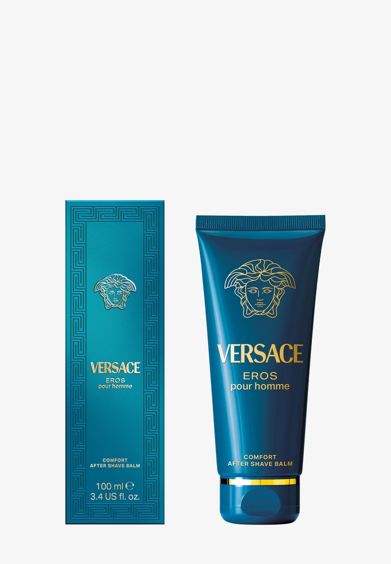 Baume après-rasage Versace Eros dans un tube bleu avec des accents dorés. Accompagné d'une boîte décorative assortie ornée d'un motif de clé grecque.