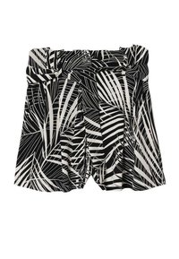 Zwart-witte shorts met een palmenbladpatroon, een gerafelde taille en een geplooid ontwerp. Gemaakt van lichte stof met een gladde textuur.