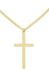Collier en chaîne dorée avec un pendentif croix simple et plat. La croix a une texture lisse et une finition mate, accentuant son design minimaliste.