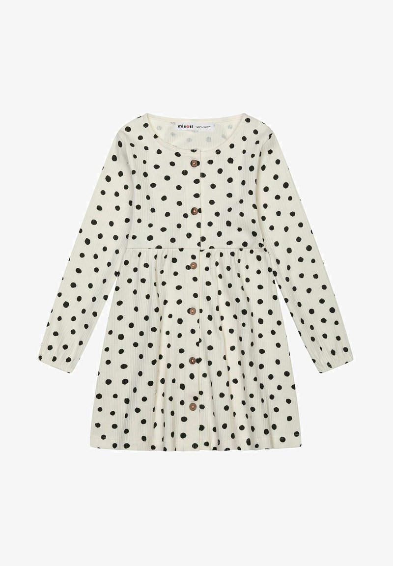 Kreemivärvi pikkade varrukatega kleit mustade täppidega, millel on ümmargune kaelus ja puidust nööpide sulgemine ees.