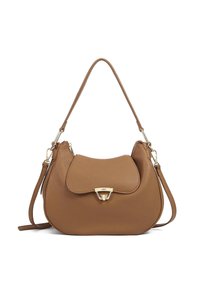 Borsa a mano in pelle marrone con forma arrotondata, superficie texturizzata, chiusura a pattina e dettagli in hardware dorato. Dotata di una tracolla corta e una lunga.