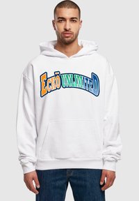 Felpa bianca con un logo grafico colorato "ECKŌ UNLIMITED". Maniche lunghe, tasca a marsupio frontale e polsini e orlo a costine.