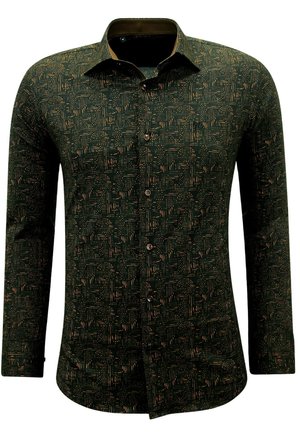 Groene longsleeve shirt met een gestructureerd patroon in oranje en beige. Bevat een kraag en bruine knopen aan de voorkant.