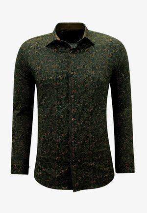 Groene longsleeve shirt met een gestructureerd patroon in oranje en beige. Bevat een kraag en bruine knopen aan de voorkant.